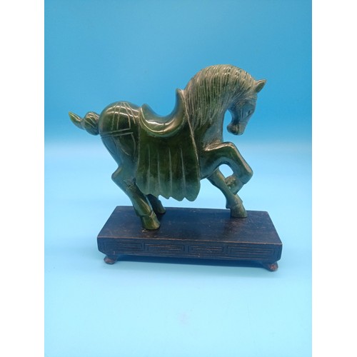 453 - Carved Jade Tang Horse on Wooden Plinth, signed Wang no17 to Base ( Hind legs repaired) dimensions 1... 