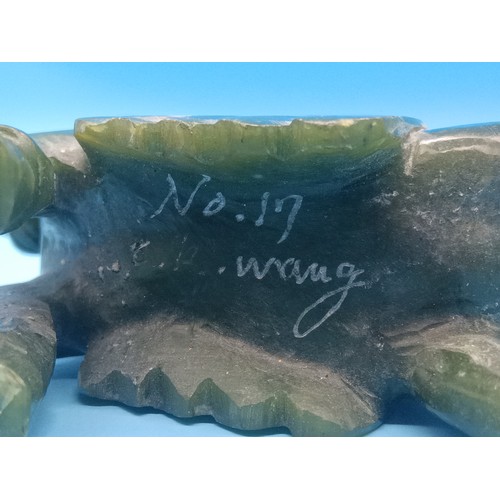 453 - Carved Jade Tang Horse on Wooden Plinth, signed Wang no17 to Base ( Hind legs repaired) dimensions 1... 