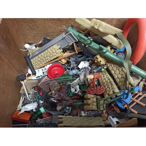 983 - Mixed Vintage Toys and Animals , People, Soldiers and More Plastic, Cast in Donald Cook Wooden Crate