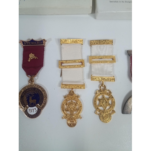 368 - 6 x Masonic Medals - Hallmarked Silver Hungerford Past Master, Royal Ark Mariner, Royal Arch, Stewar... 