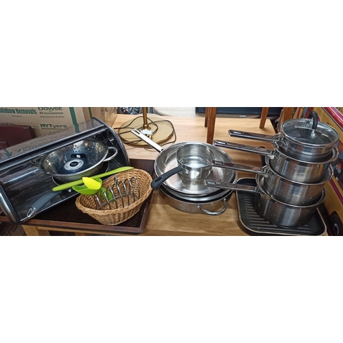 279 - **Royal British Legion Lot** Box of Kitchenalia Including Saucepans, Frying Pans, Breadbin, Tray and... 