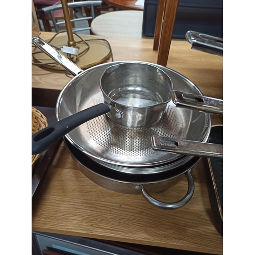 279 - **Royal British Legion Lot** Box of Kitchenalia Including Saucepans, Frying Pans, Breadbin, Tray and... 