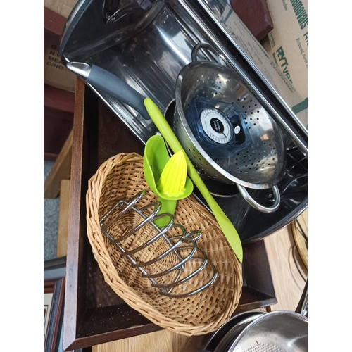 279 - **Royal British Legion Lot** Box of Kitchenalia Including Saucepans, Frying Pans, Breadbin, Tray and... 