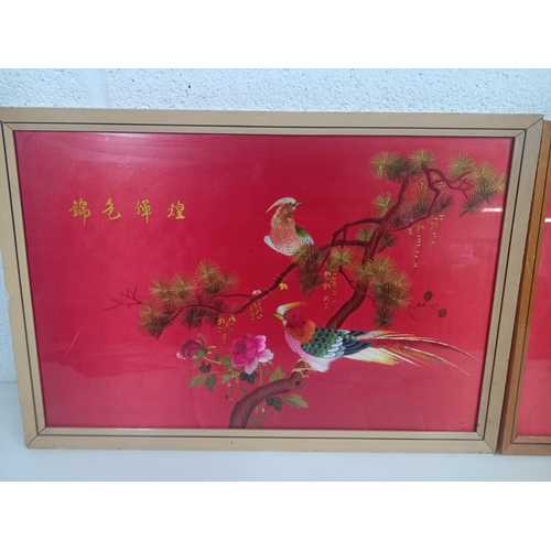 457 - A Pair of Vintage Chinese Red Silk Birds of Paradise Embroidered Pictures