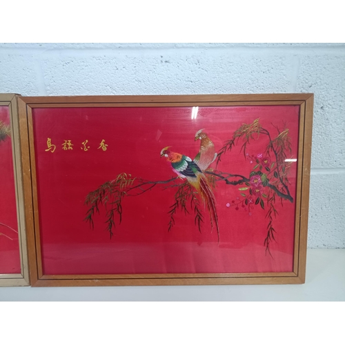 457 - A Pair of Vintage Chinese Red Silk Birds of Paradise Embroidered Pictures