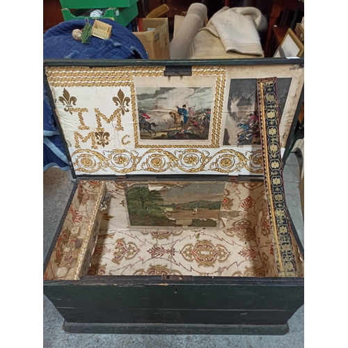 752 - Large Antique Wooden Trunk Painted in Dark Green and Decorated Inside 44cm H x 86cm L x 47cm W