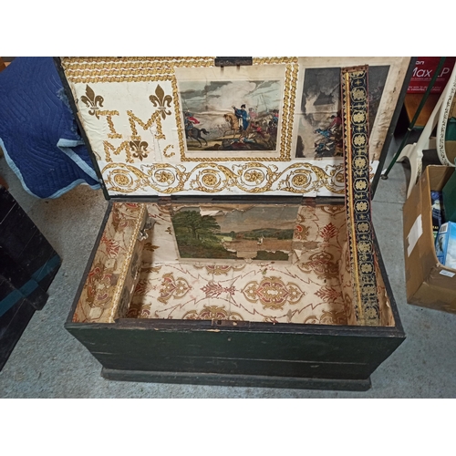 752 - Large Antique Wooden Trunk Painted in Dark Green and Decorated Inside 44cm H x 86cm L x 47cm W