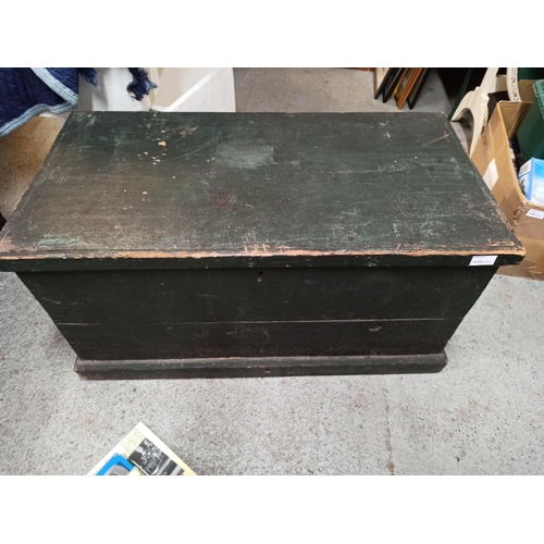 752 - Large Antique Wooden Trunk Painted in Dark Green and Decorated Inside 44cm H x 86cm L x 47cm W