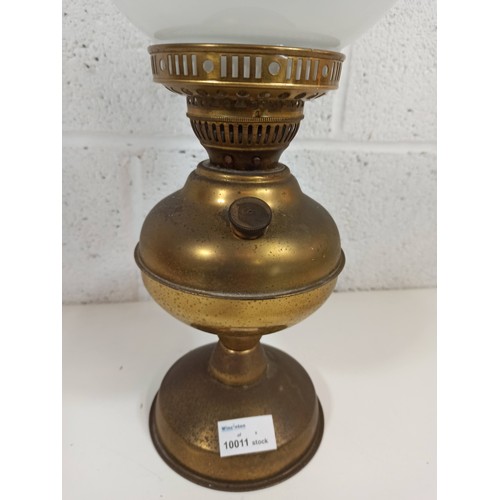 592 - Brass Oil Lamp with Glass and Globe Glass 48cm High