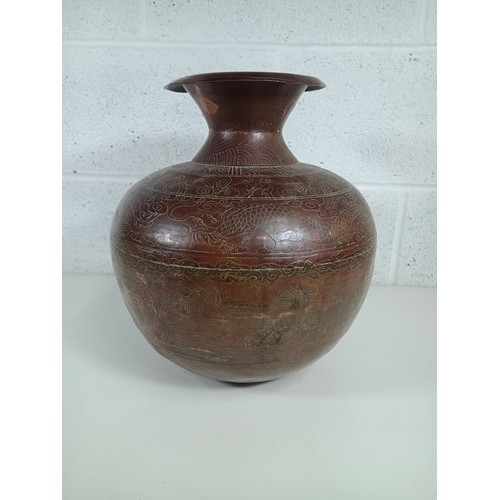 452 - A Large Asian Copper Urn Intricately Engraved with Dragons 33cm Tall, 30cm Diameter