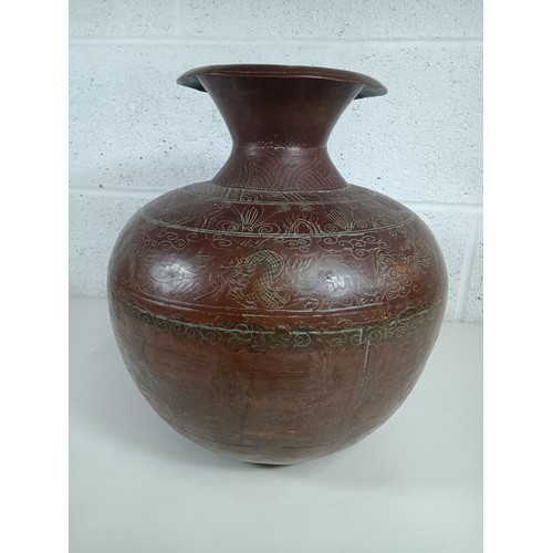 452 - A Large Asian Copper Urn Intricately Engraved with Dragons 33cm Tall, 30cm Diameter