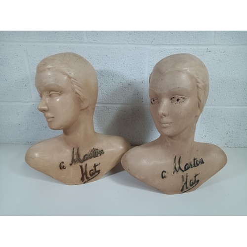 379 - 2 x Circa 1930's Vintage Millenary Mannequin Hat Shop Display Heads - 