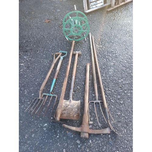 57 - Mixed Garden Tools including Forks, Shovel, Pickaxe, Hose & Hose reel