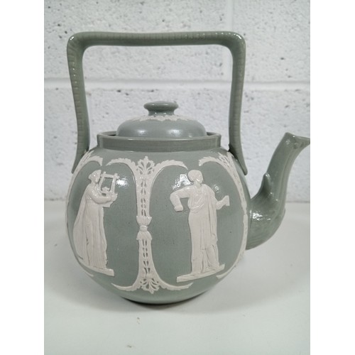 361 - A Dudson Jasperware Teapot in Green with Grecian Figures within Arches