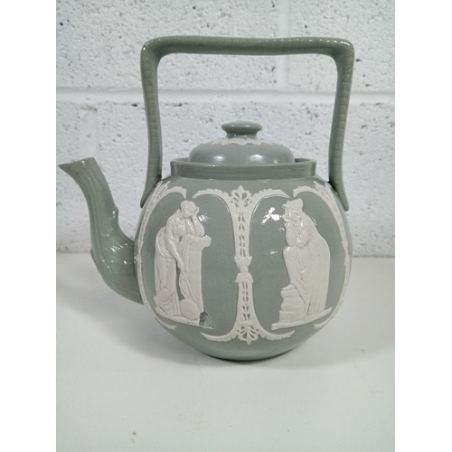 361 - A Dudson Jasperware Teapot in Green with Grecian Figures within Arches