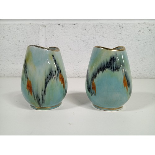 660 - A Pair of West German Ceramic Vases, Turquoise , Green and Blue with Orange Flashes and Gold Lustre ... 