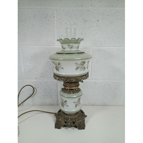 810 - Brass and Green glazed Floral Pattern 2 Tier Oil Lamp converted to electric with Brass ornate fixtur... 