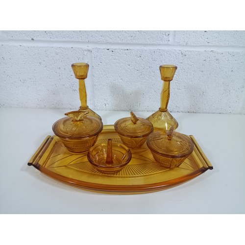 744 - Vintage Amber Glass Dressing Table Set