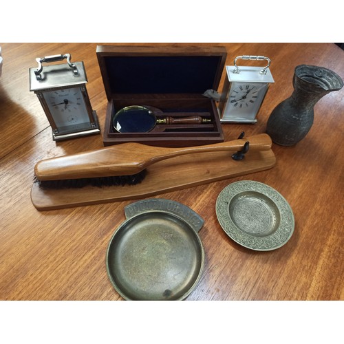 743 - 2 x Carriage Clocks, Magnifying Glass in Wooden Case , Clothes Brush and Metal ware