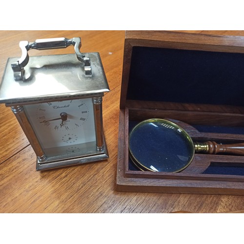 743 - 2 x Carriage Clocks, Magnifying Glass in Wooden Case , Clothes Brush and Metal ware