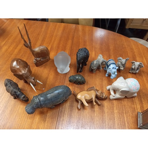 746 - Mixed Animals Including Elephants, Hippos, Warthog and Antelope - Made of Glass, Wood, Stone and Pot... 