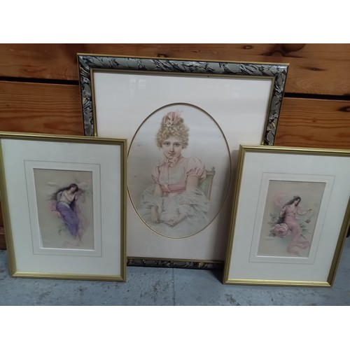 780B - 2 x Gilt framed prints of Pre-Raphaelite ladies and a larger framed print of a young Victorian girl