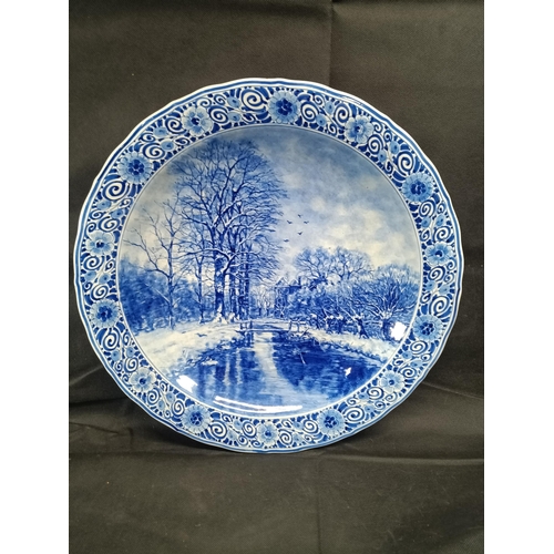 962 - Antique Dutch Blue & White Delft, Rimmed, Hand Painted Charger - 1912 Winter Landscape with a Row of... 