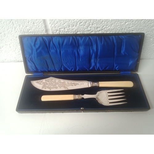 974 - Antique Fish Servers with Engravings in Presentation Case