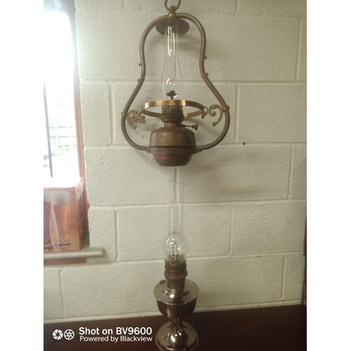 979 - Hanging Brass Oil Lamp With Glass & Chrome Effect plus an  Oil Lamp With Glass