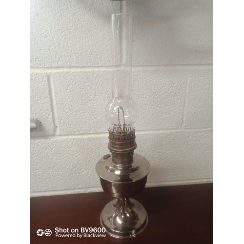 979 - Hanging Brass Oil Lamp With Glass & Chrome Effect plus an  Oil Lamp With Glass