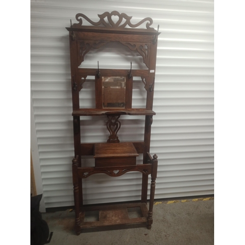 755 - Antique Oak Hall Stand With Original Coat Hooks & Mirror, No Trays