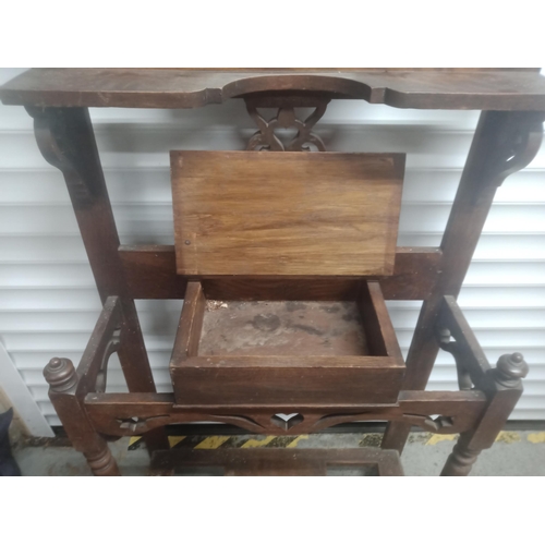 755 - Antique Oak Hall Stand With Original Coat Hooks & Mirror, No Trays