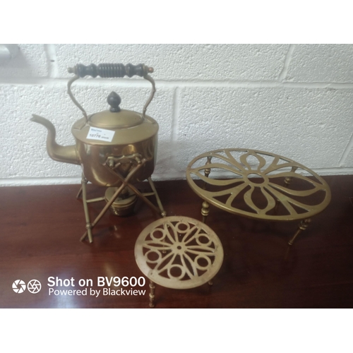 980 - Antique Brass Spirit Kettle & 2 x Brass Trivets.