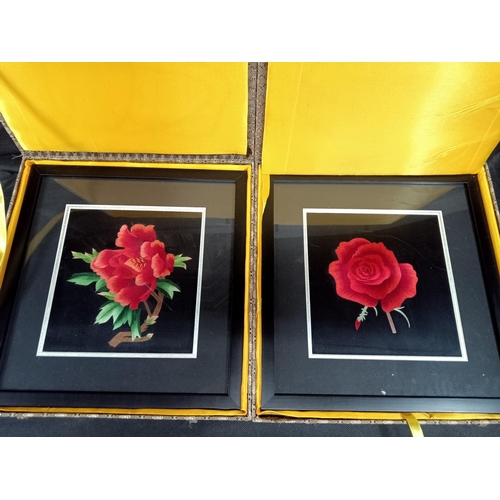 944 - Two Chinese Silk Embroidered of Flowers - Framed Under Glass