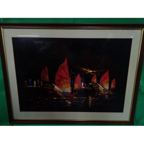 952 - An Oil Painting Under Glass of Chinese Junks in Hong Kong Harbour 58 x 75cm