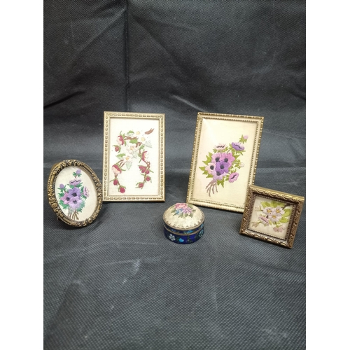 953 - Miniature Embroideries and Trinket pot