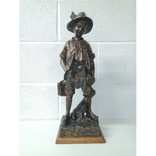 943 - Sculpture of Auguste Moreau - The Young Hunter on Wooden Plinth Standing 54cm High