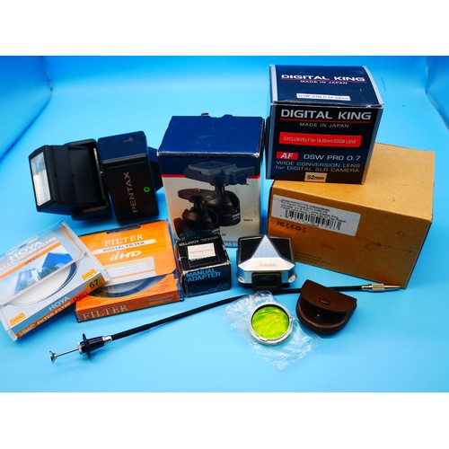 721 - An Assortment of Camera Accessories Including Pentax Flash, Filters, Ball Stand etc.