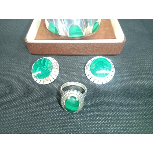 591 - A Mexican Silver and Malachite Bracelet , Earrings and Ring Set 98gram