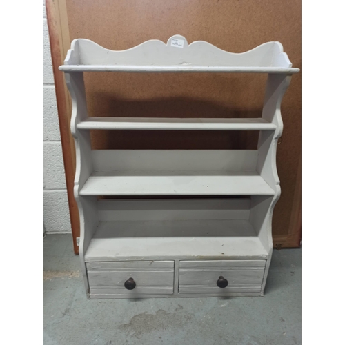 1106 - White Painted Wall Hanging Shelf Unit with 4 x Shelves and 2 x Drawers