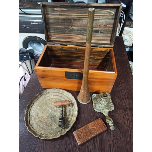 1109 - Wooden Chest 22cm x 43cm x 22cm with a Selection of Brass and Copper Items Including Candle Holders ... 