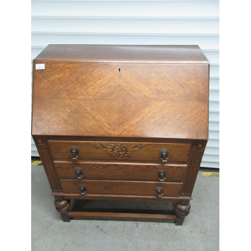 860 - 3 Drawer Writing Bureau With Leather Inlay On Writing Slope, With Carving To Top Drawer. 99cmH   76c... 