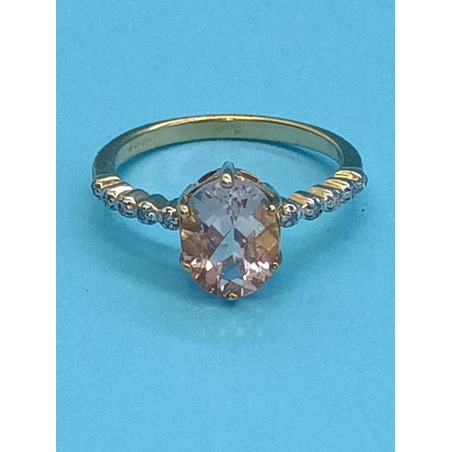 417 - A 9ct Yellow Gold and Pink Morganite Ring with Pave Diamond Shoulders 2.62 grams Size N/O