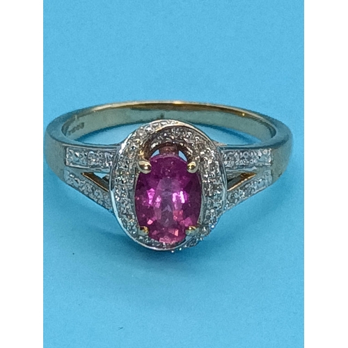 416 - A Pink Tourmaline 9ct Yellow Gold Ring with Split Shank and Halo Setting Encrusted with Diamonds 3.2... 