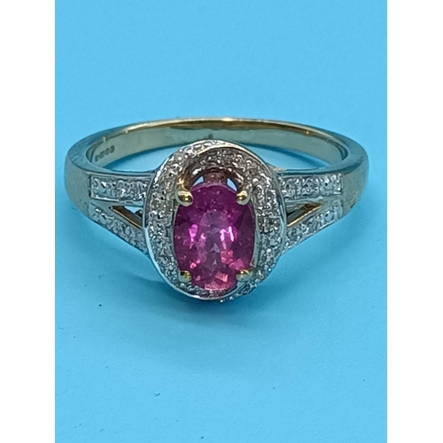 416 - A Pink Tourmaline 9ct Yellow Gold Ring with Split Shank and Halo Setting Encrusted with Diamonds 3.2... 