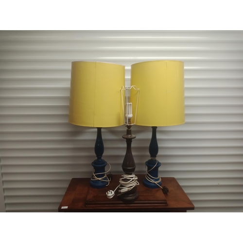 887 - A Pair of Tall Blue Lamps With Retro Yellow Shades. Standing 95cm Tall & Brown Lamp 80cm (No Shade)