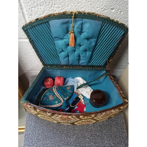 1039 - A Tapestry Covered Sewing  Box and Contents Including Bakerlite Pin Pot