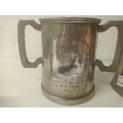 1049 - Engraved Glass Bottom Pewter Tankard (Hertford College 1908) Smaller Tankard Engraved RS Wood 1947 a... 