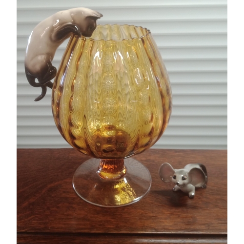 1060 - Large Brandy Glass with Beswick Cat and China Mouse ( slight damage to mouse neck - repaired)