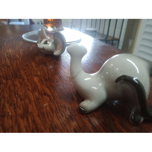 1060 - Large Brandy Glass with Beswick Cat and China Mouse ( slight damage to mouse neck - repaired)